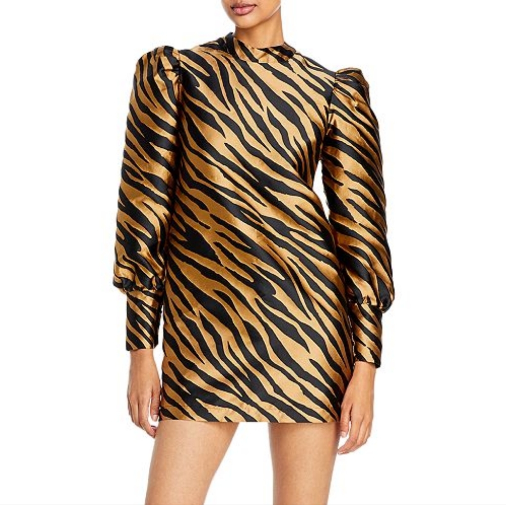 Satin Zebra-Print Mini Dress in Gold and Black